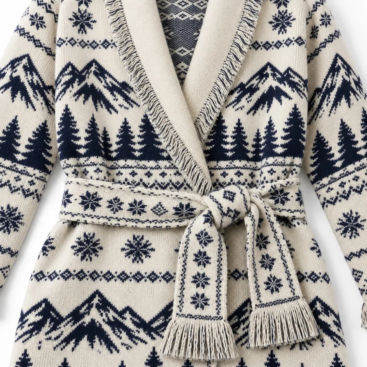 Women's Belted Fringe Jacquard Longline Cardigan Development - trim reference (AI development concept)