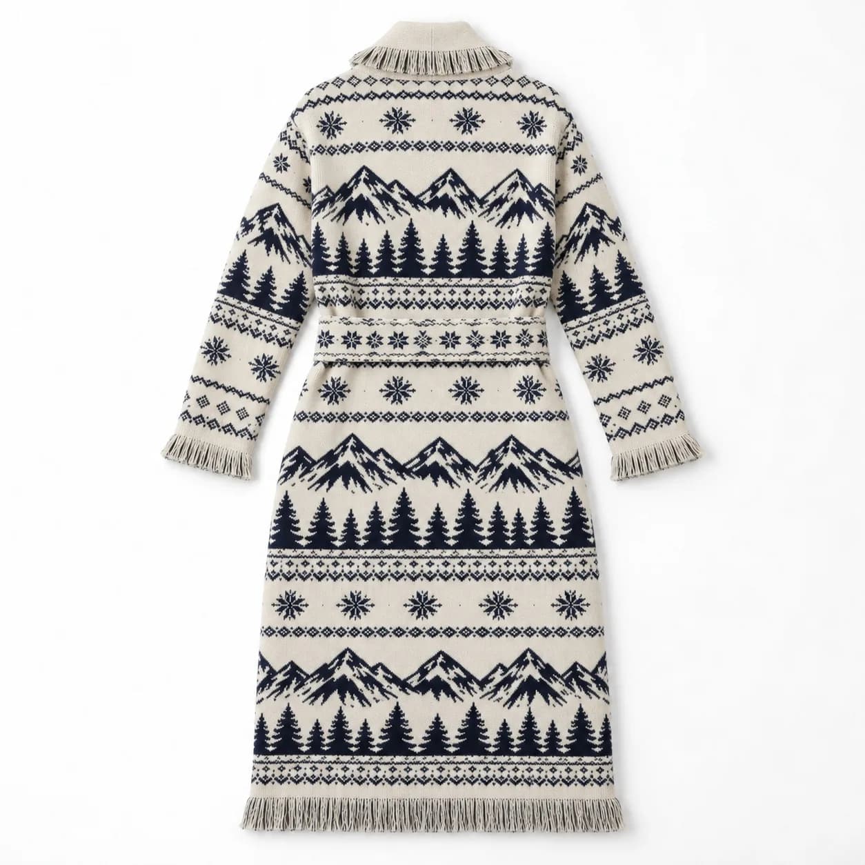 Women's Belted Fringe Jacquard Longline Cardigan Development - back reference (AI development concept)