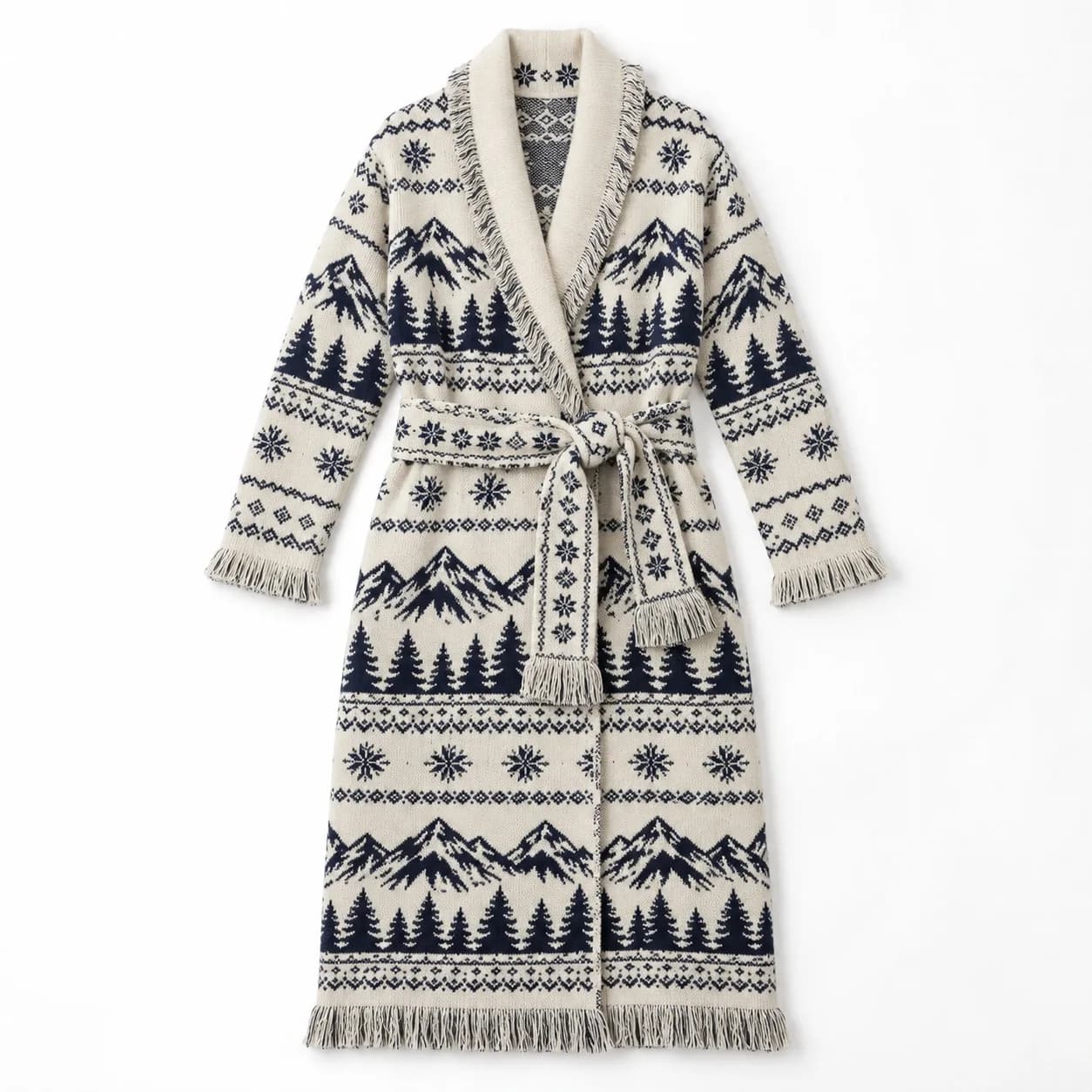 Women's Belted Fringe Jacquard Longline Cardigan Development - front reference (AI development concept)