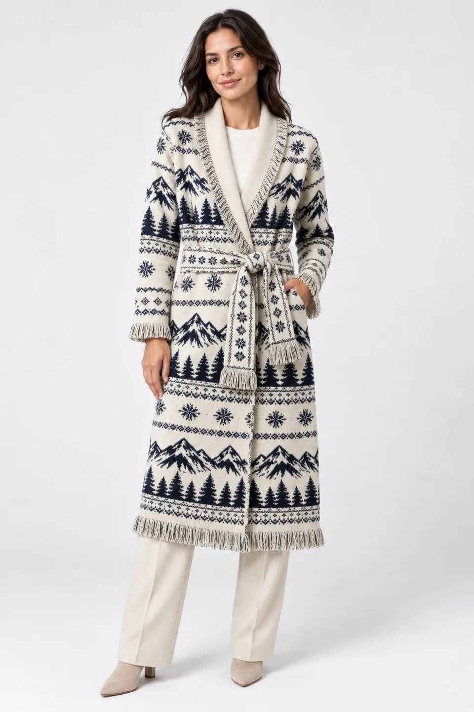 Women's Belted Fringe Jacquard Longline Cardigan Development - model or use reference (AI development concept)