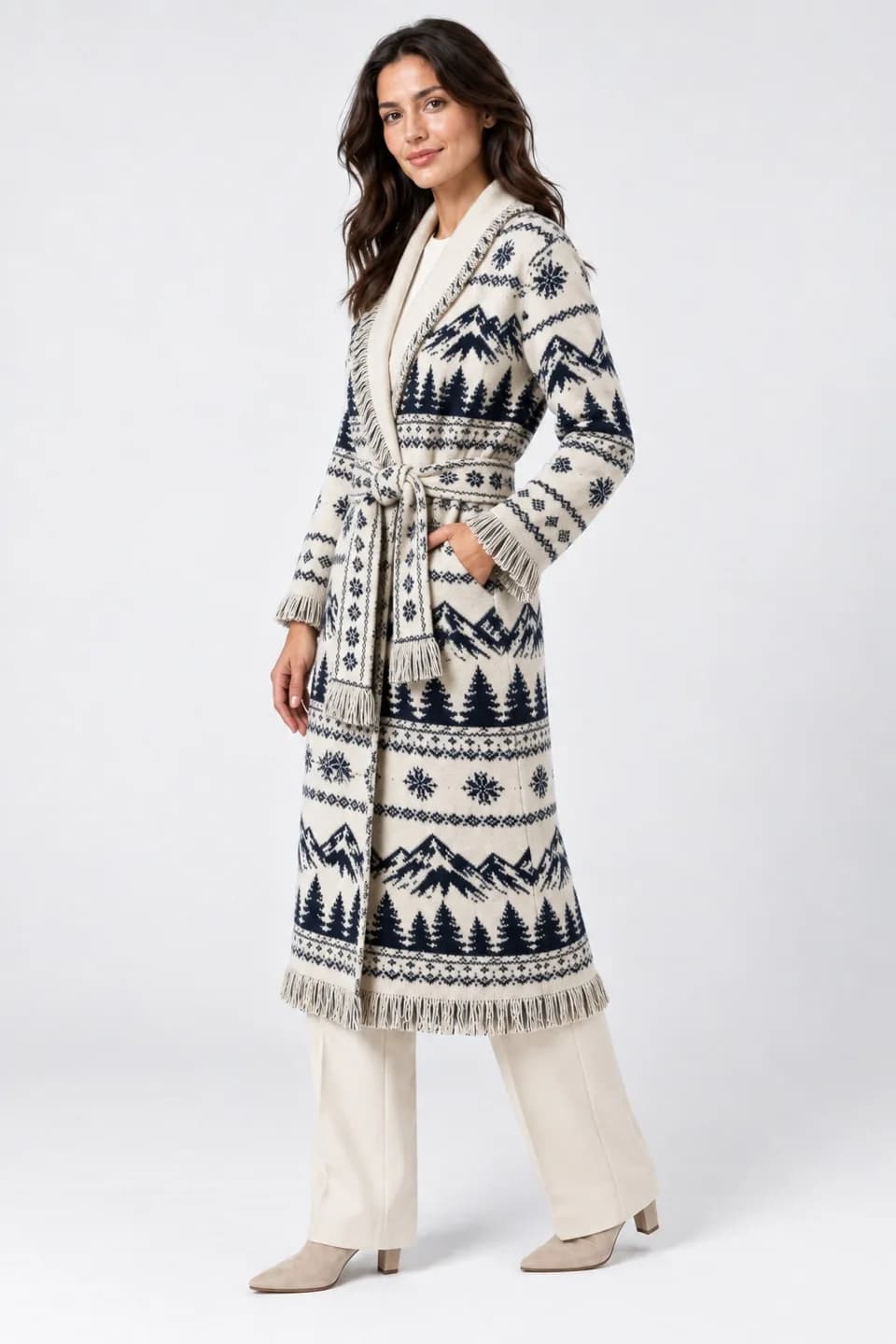 Women's Belted Fringe Jacquard Longline Cardigan Development - side reference (AI development concept)