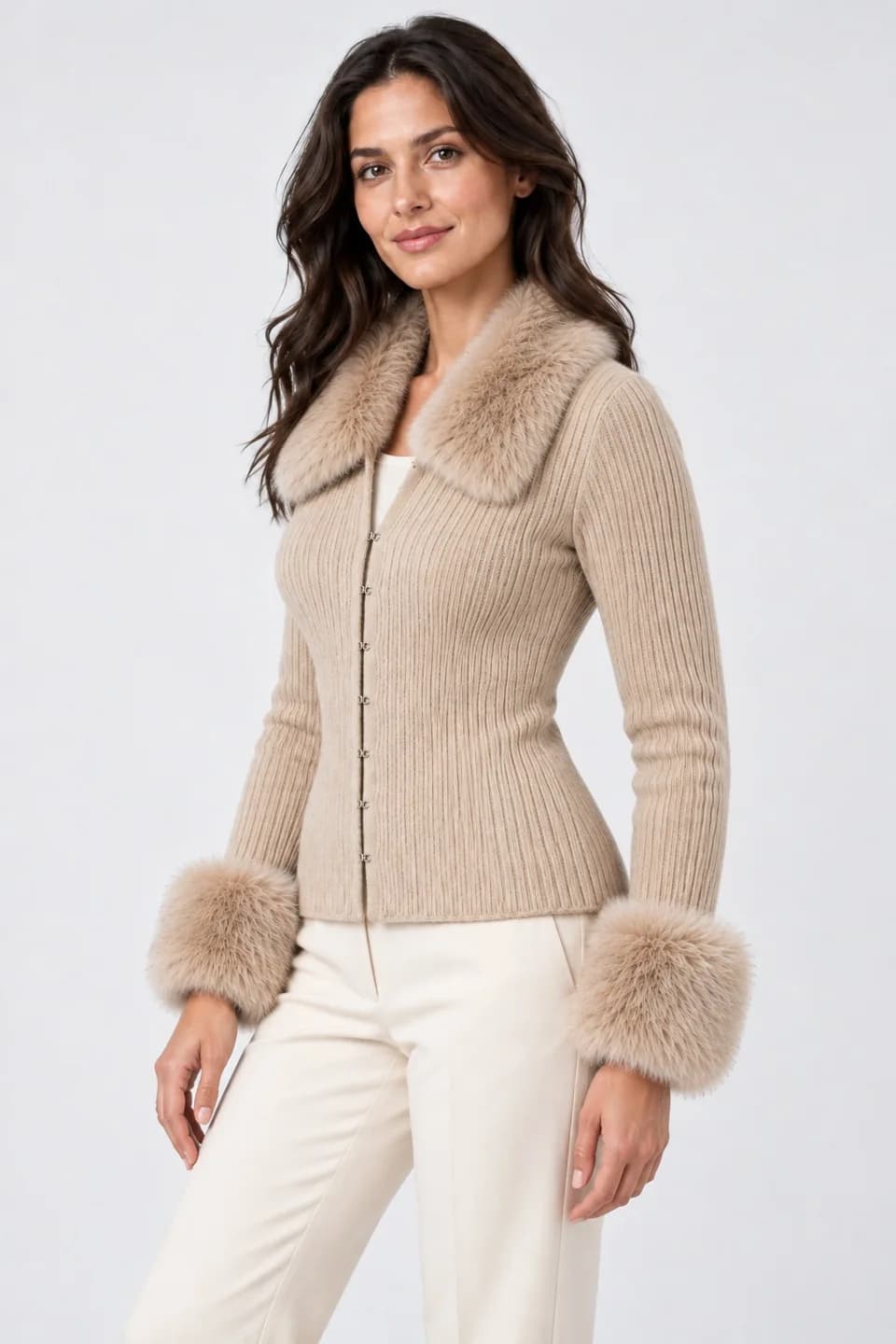 Women's Rib Cardigan with Removable Faux-Fur Trims - side reference (AI development concept)