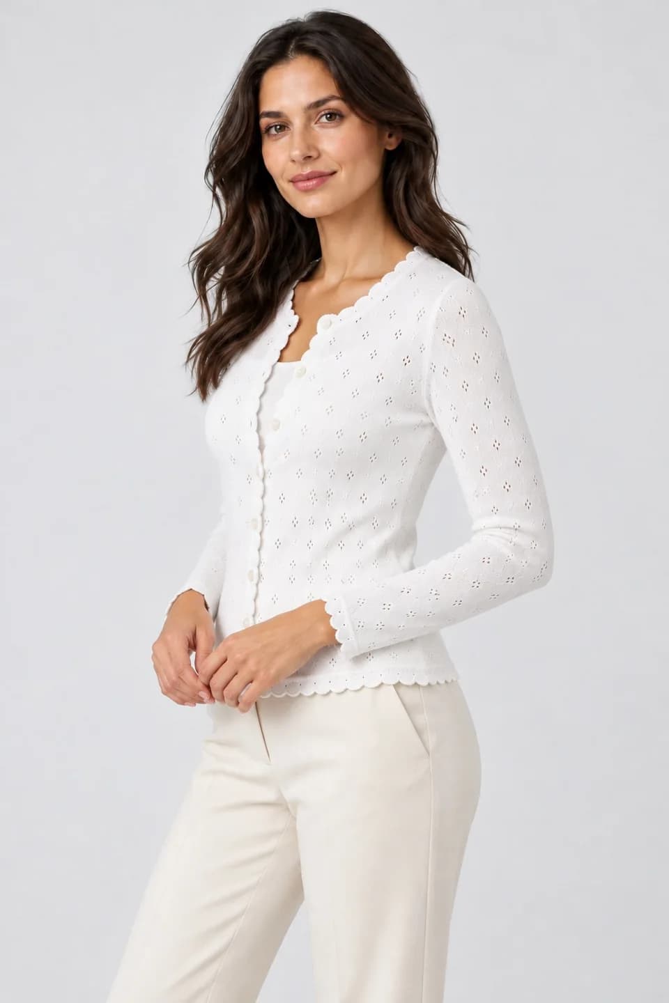 Women's Pointelle Lace-Edge Cotton Cardigan - side reference (AI development concept)
