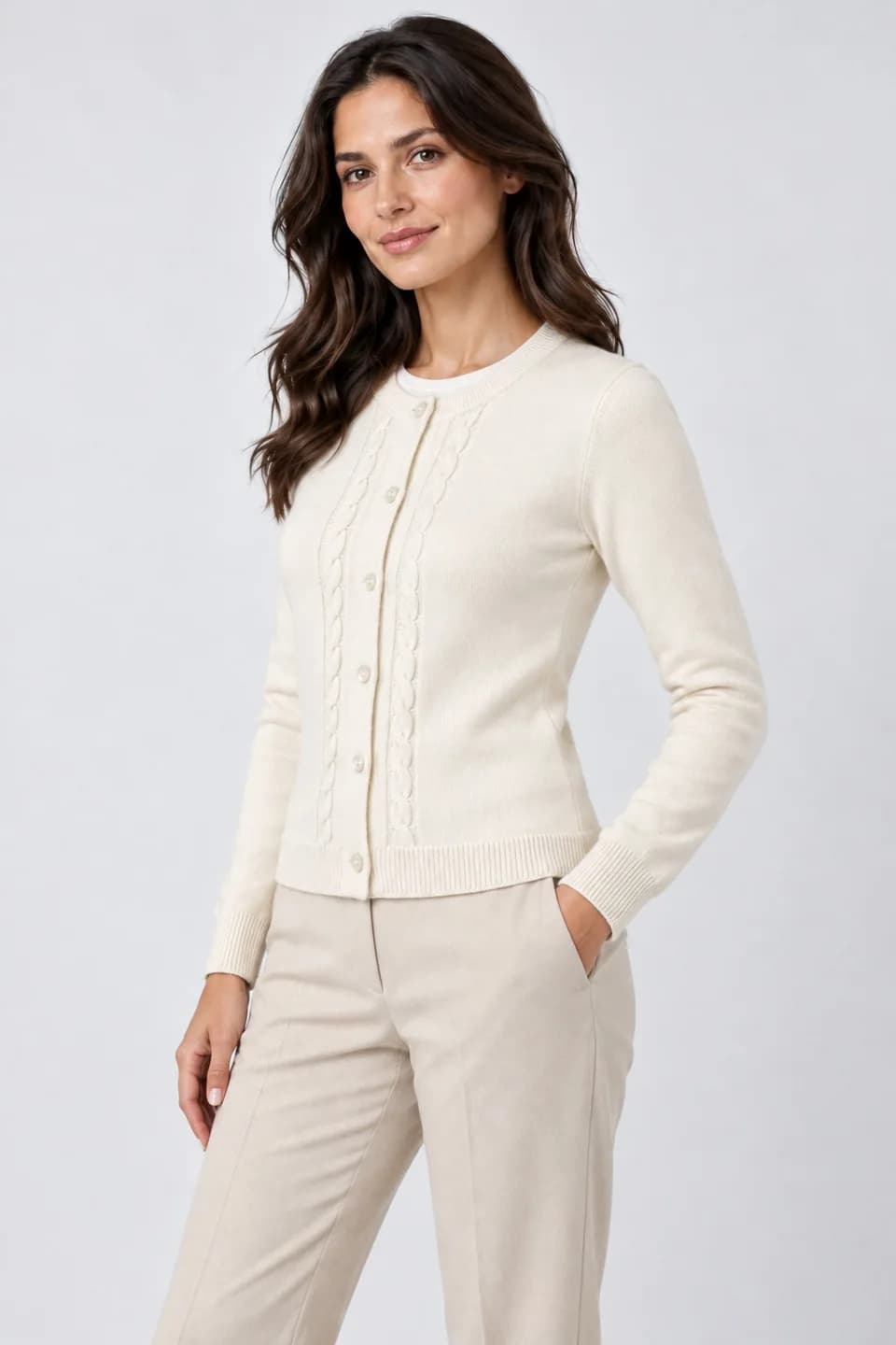Women's Cotton Cable-Placket Crew-Neck Cardigan - side reference (AI development concept)