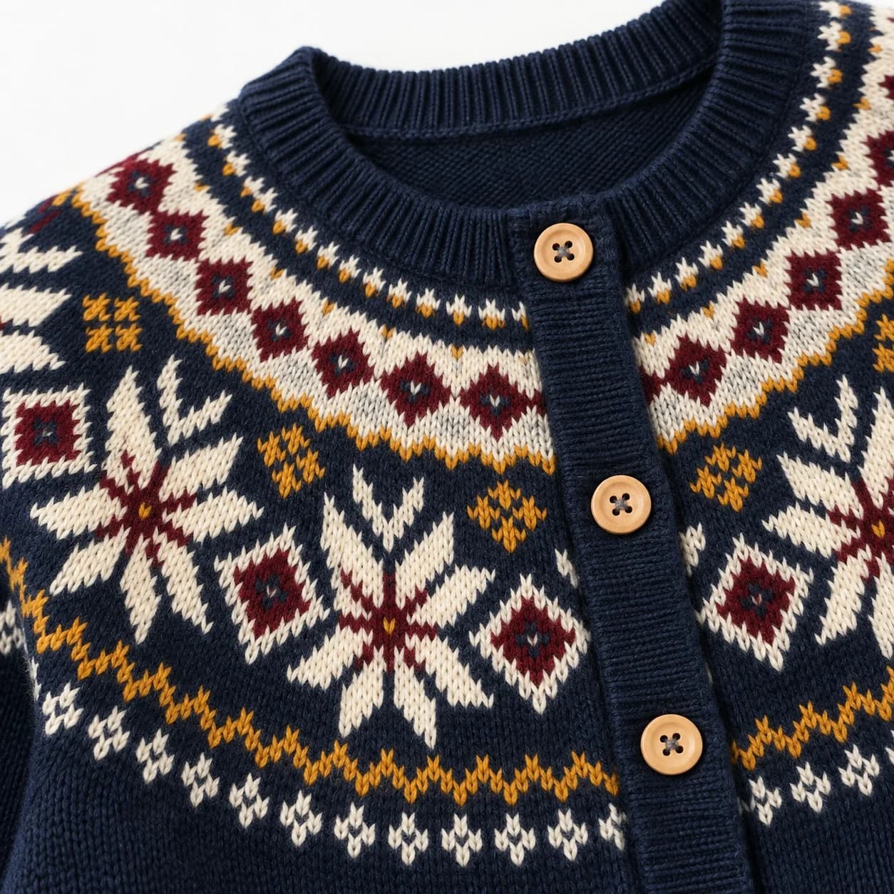 Women's Fair Isle Yoke Button Cardigan - trim reference (AI development concept)