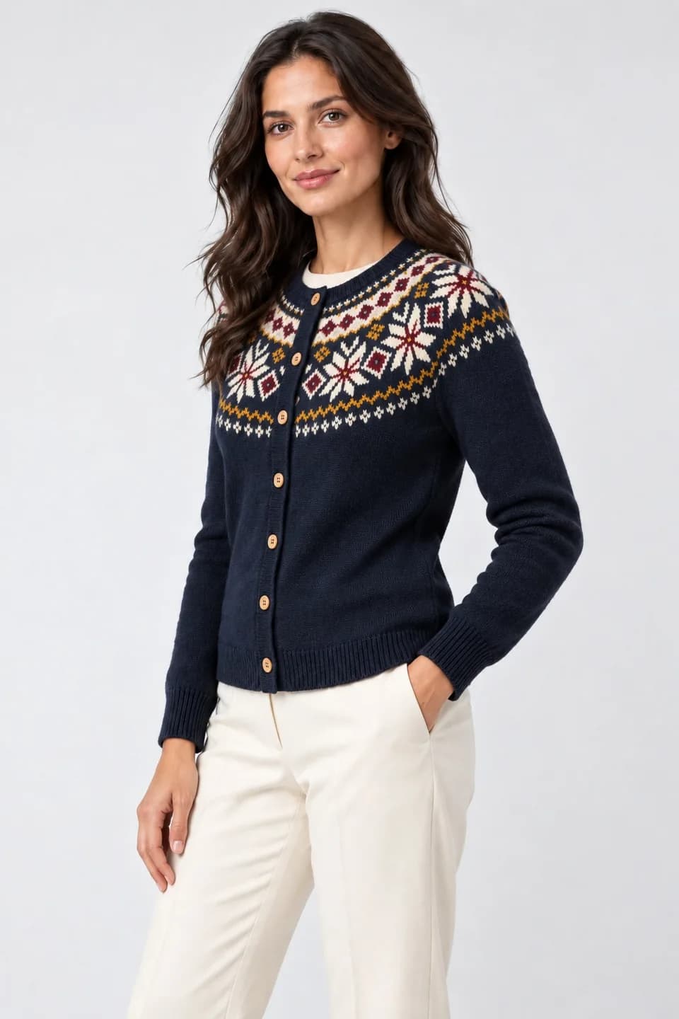 Women's Fair Isle Yoke Button Cardigan - side reference (AI development concept)