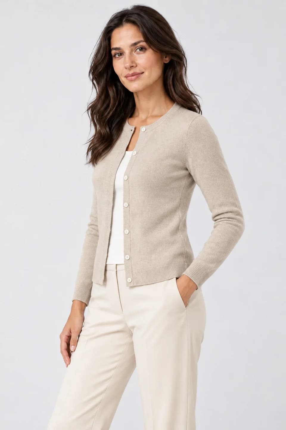 Women's Cotton-Cashmere Crew-Neck Cardigan - side reference (AI development concept)