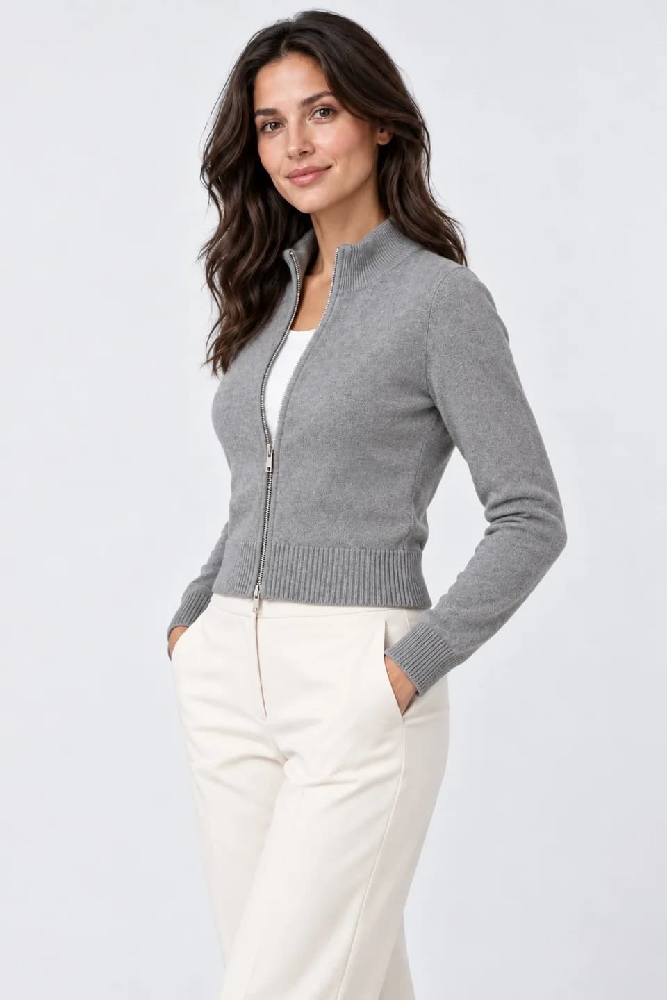Women's Cropped Stand-Collar Zip Knit Cardigan - side reference (AI development concept)