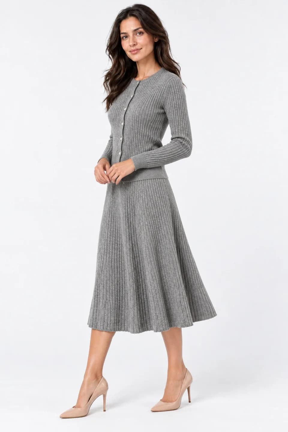 Women's Rib Cardigan and A-Line Midi Skirt Set - side reference (AI development concept)