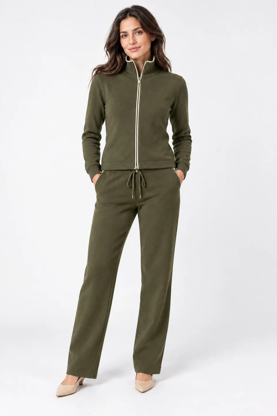 Women's Knit Zip Jacket and Straight-Leg Trouser Set - model or use reference (AI development concept)