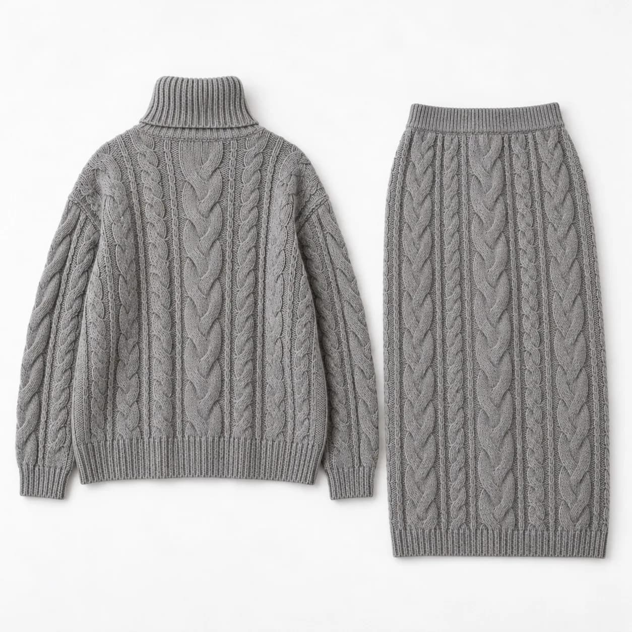 Women's Cable Turtleneck and Knit Skirt Set - back reference (AI development concept)