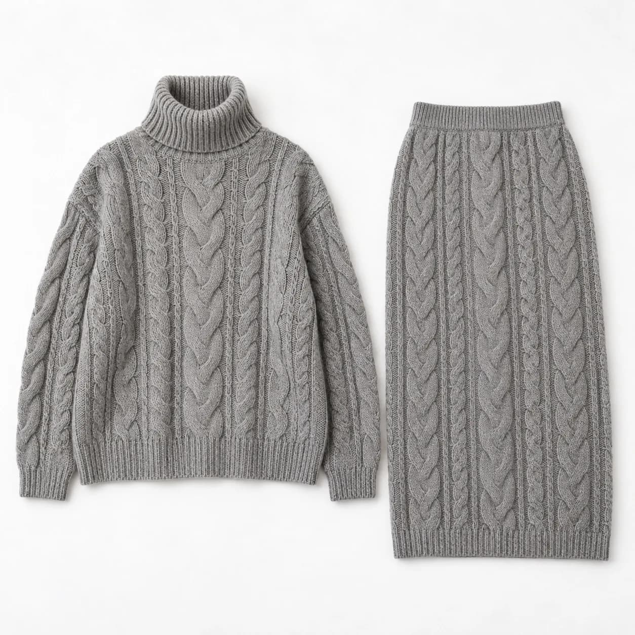 Women's Cable Turtleneck and Knit Skirt Set - front reference (AI development concept)