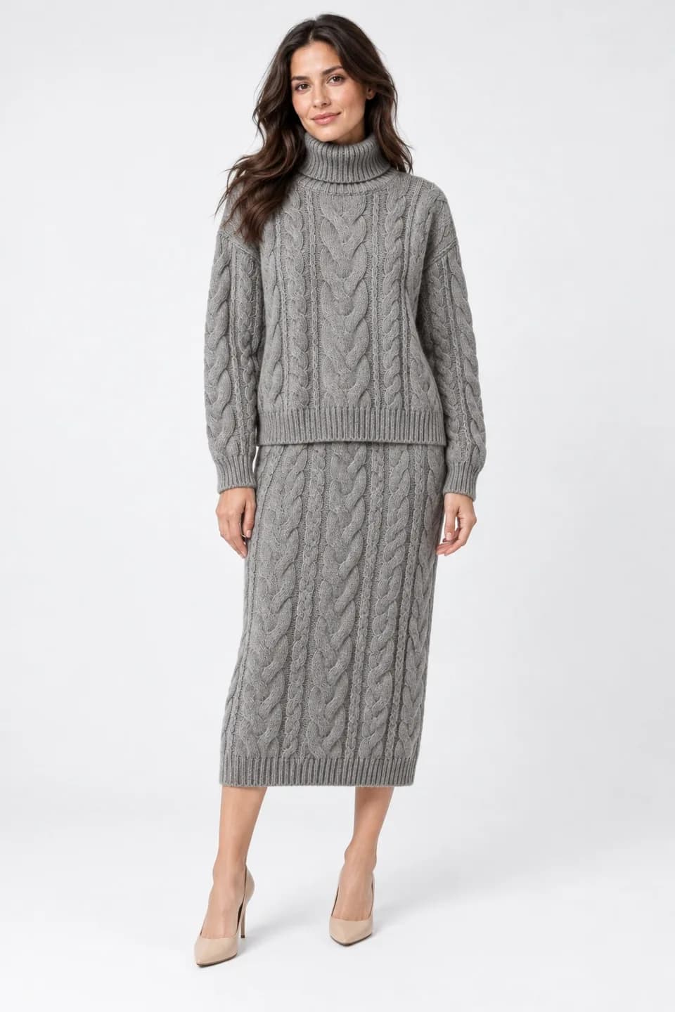 Women's Cable Turtleneck and Knit Skirt Set - model or use reference (AI development concept)