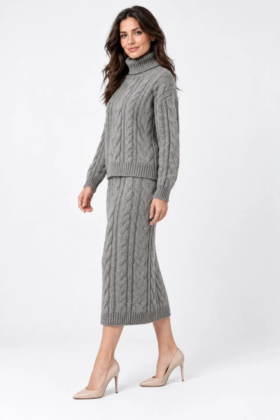Women's Cable Turtleneck and Knit Skirt Set - side reference (AI development concept)