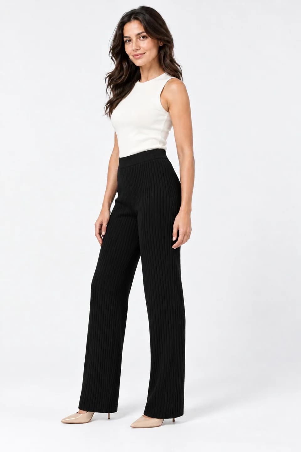 Women's Rib-Knit Straight-Leg Trousers - side reference (AI development concept)