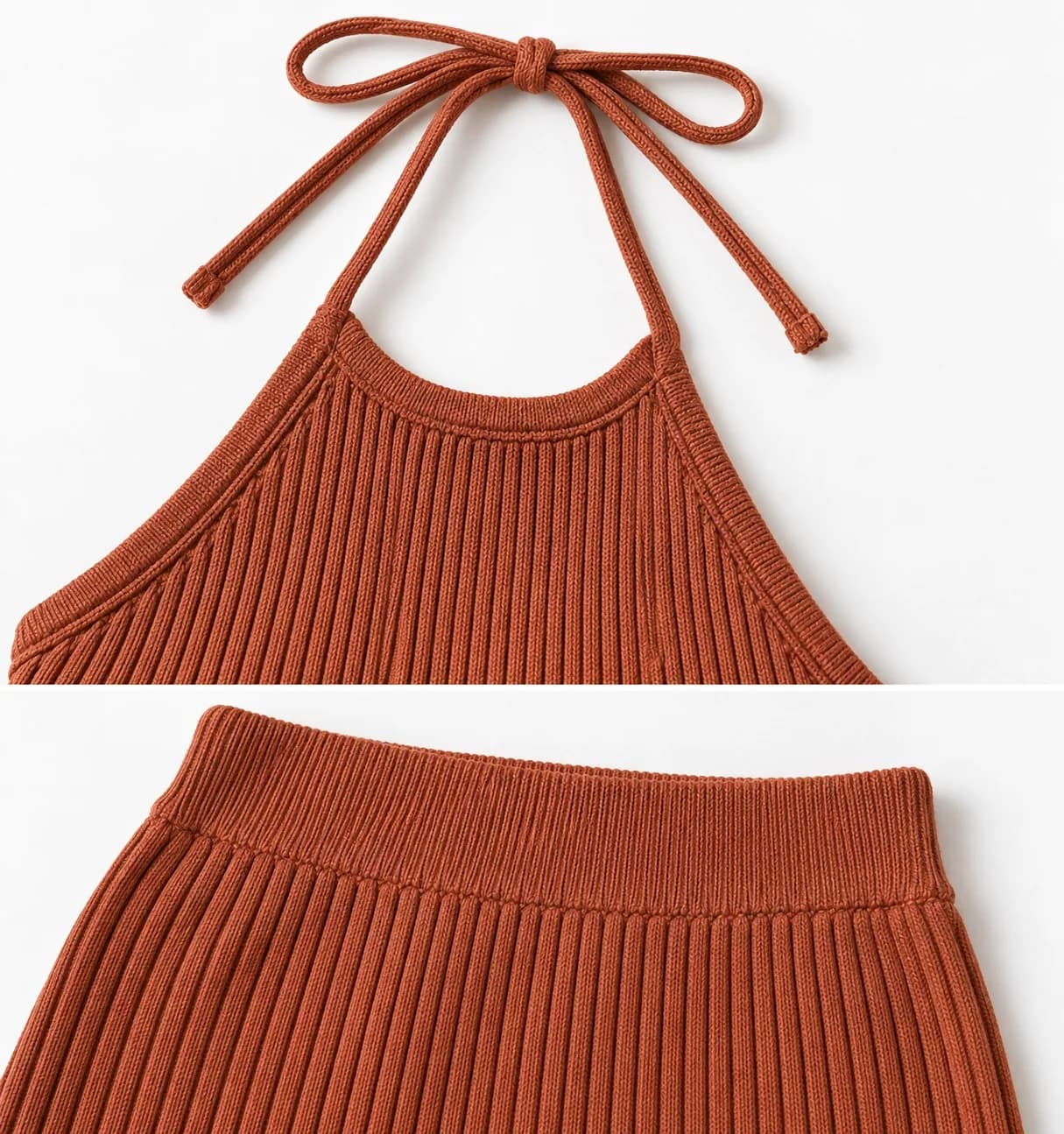 Womens Ribbed Halter Knit Top and Midi Skirt Set - trim reference (AI development concept)