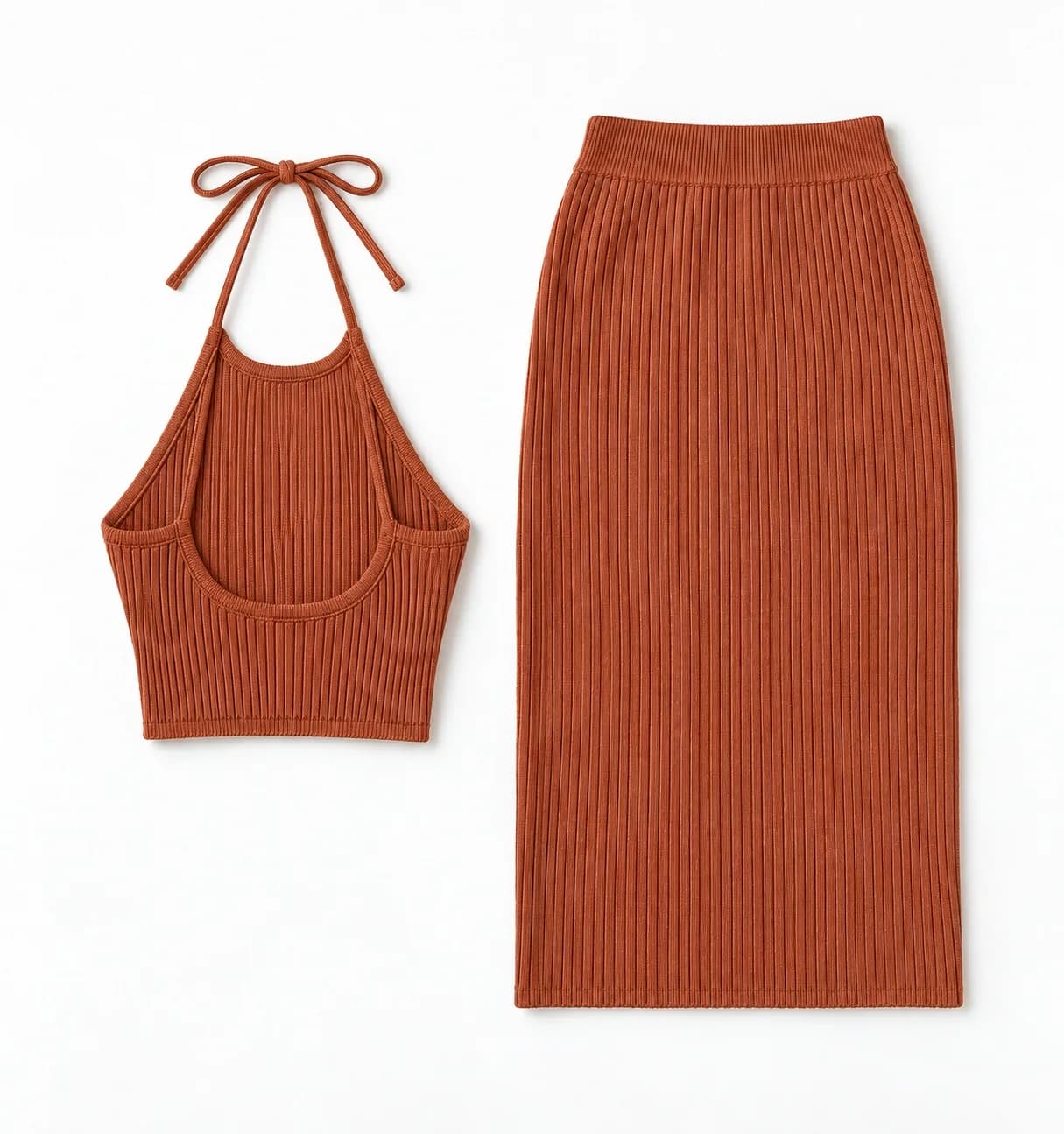 Womens Ribbed Halter Knit Top and Midi Skirt Set - back reference (AI development concept)