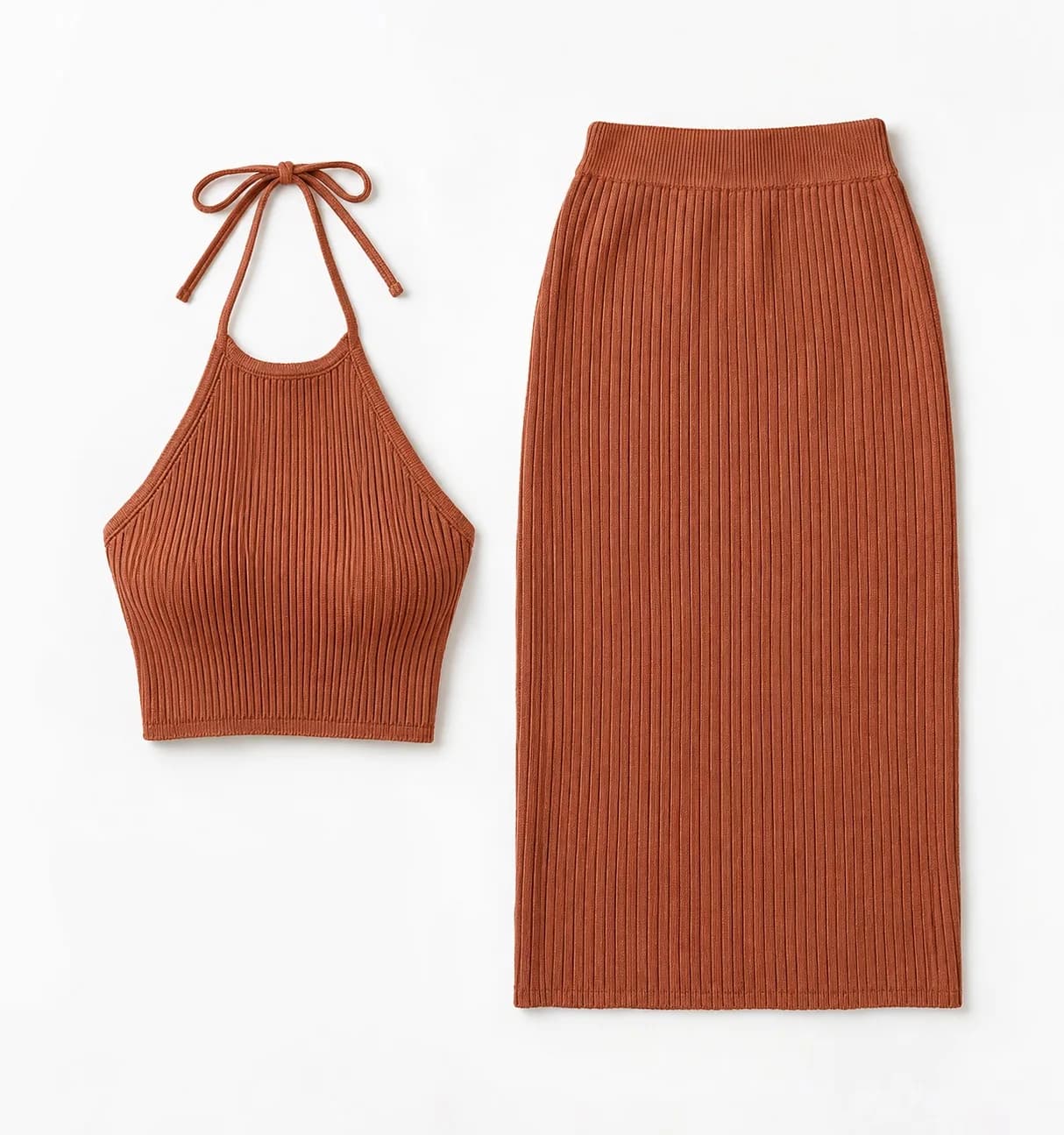 Womens Ribbed Halter Knit Top and Midi Skirt Set - front reference (AI development concept)
