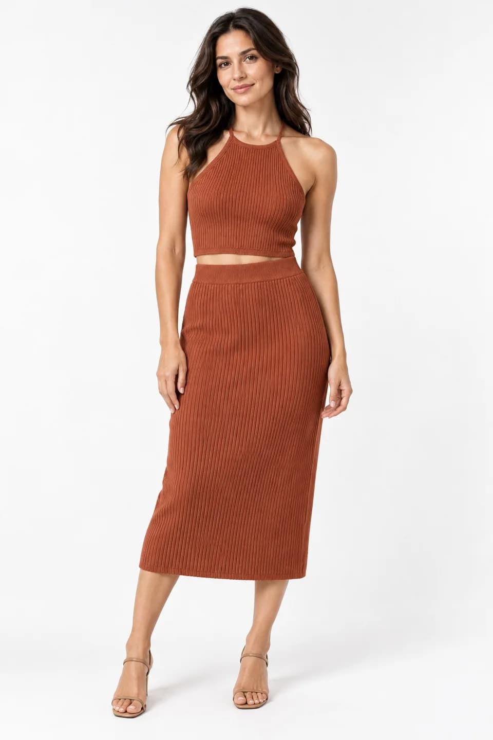 Womens Ribbed Halter Knit Top and Midi Skirt Set - model or use reference (AI development concept)