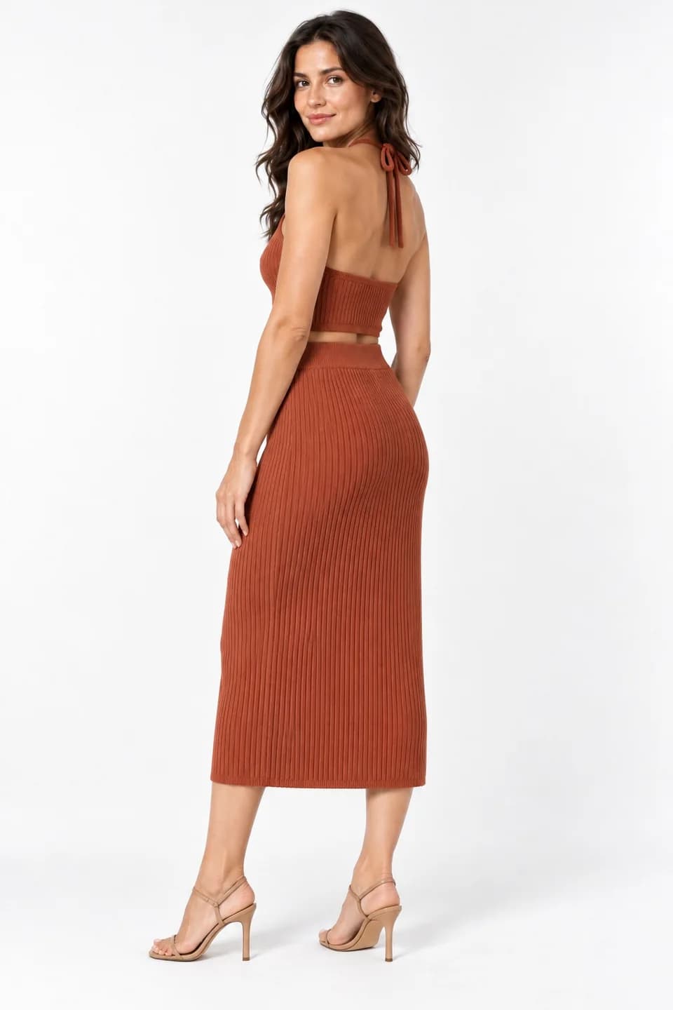 Womens Ribbed Halter Knit Top and Midi Skirt Set - side reference (AI development concept)