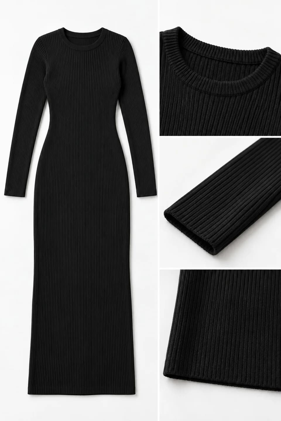 Women's Long-Sleeve Rib-Knit Maxi Dress - trim reference (AI development concept)