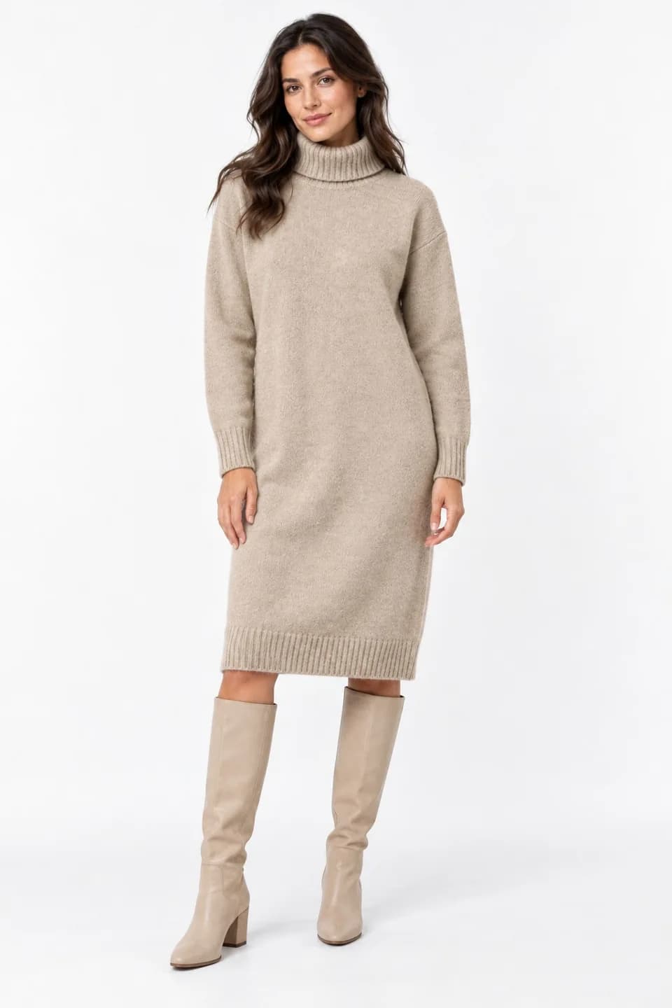 Women's Relaxed Turtleneck Sweater Dress - model or use reference (AI development concept)