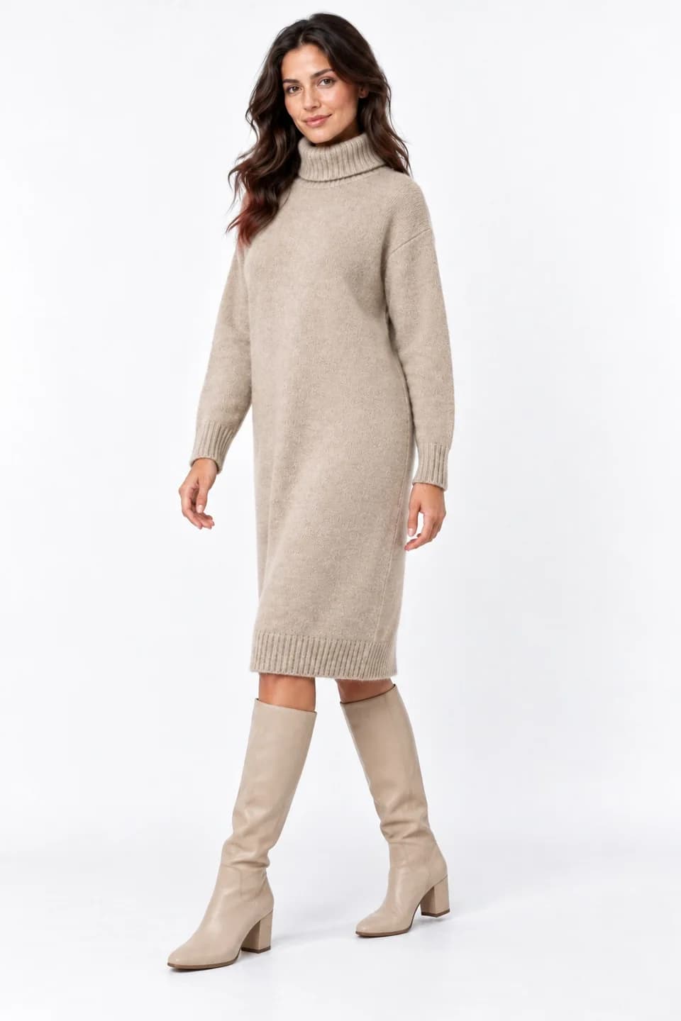 Women's Relaxed Turtleneck Sweater Dress - side reference (AI development concept)