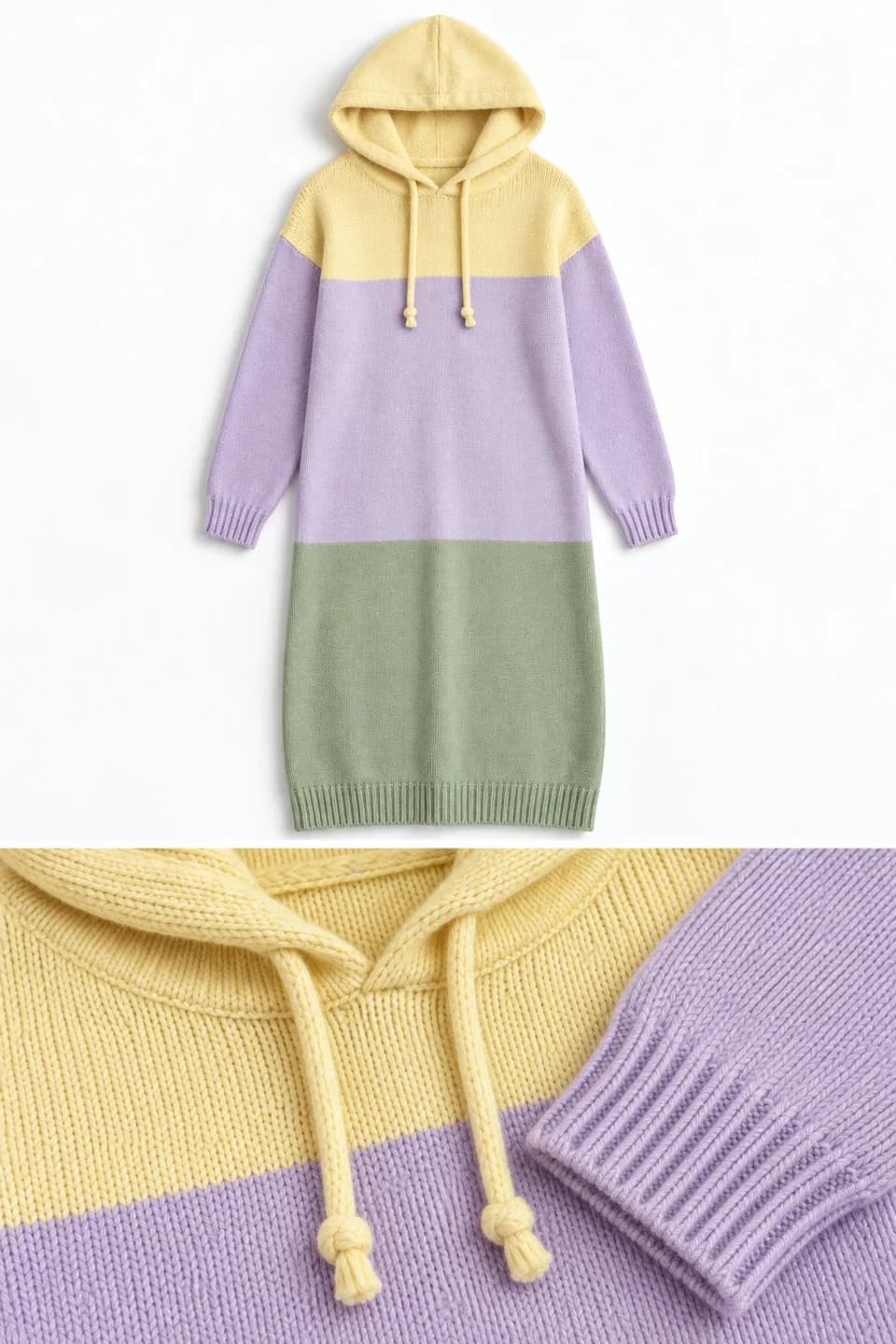 Women's Multicolour Hooded Knit Dress Development - trim reference (AI development concept)
