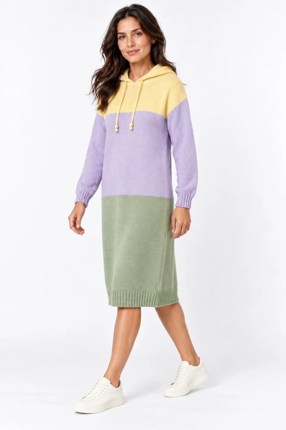 Women's Multicolour Hooded Knit Dress Development - side reference (AI development concept)