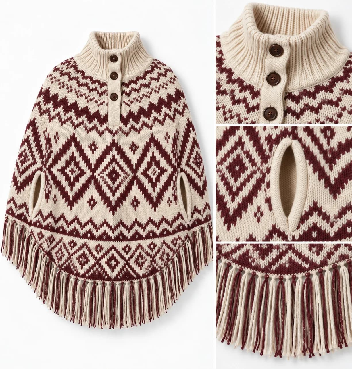 Women's Jacquard Fringe Knit Cape - trim reference (AI development concept)