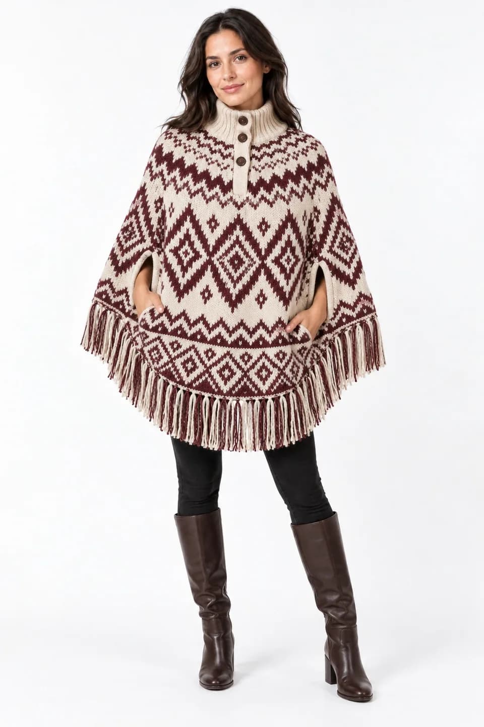 Women's Jacquard Fringe Knit Cape - model or use reference (AI development concept)