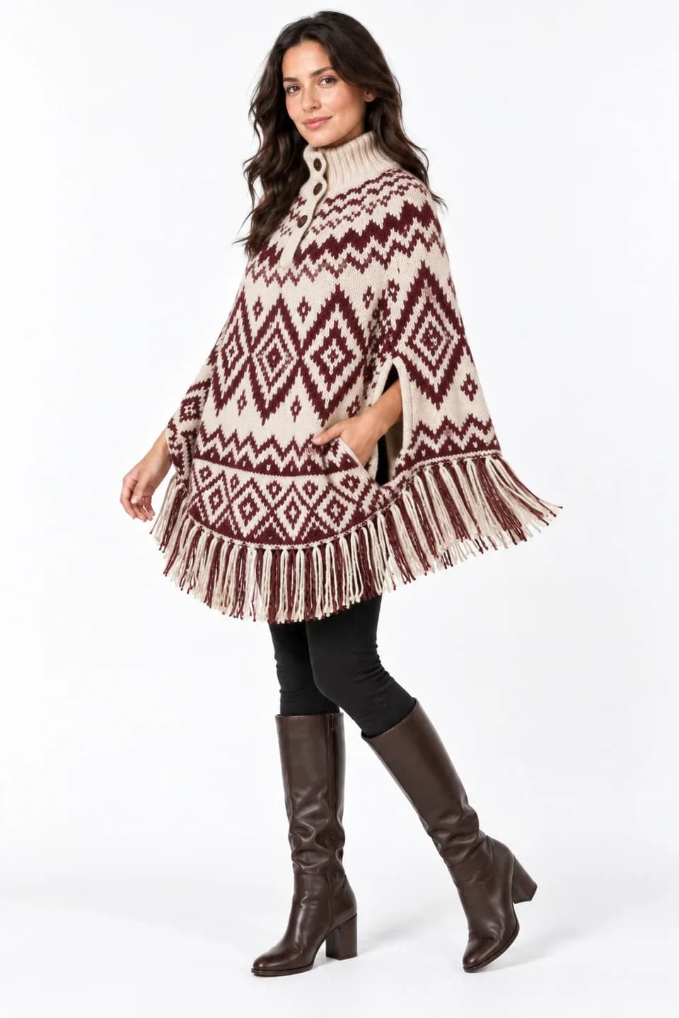 Women's Jacquard Fringe Knit Cape - side reference (AI development concept)