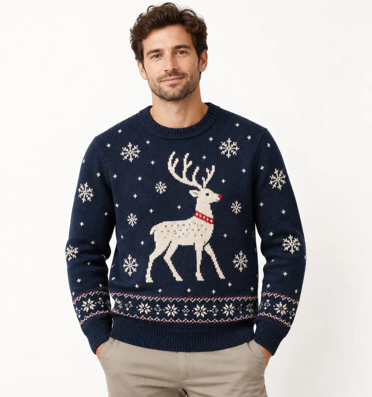 Reindeer Intarsia Holiday Crew Sweater - model or use reference (AI development concept)