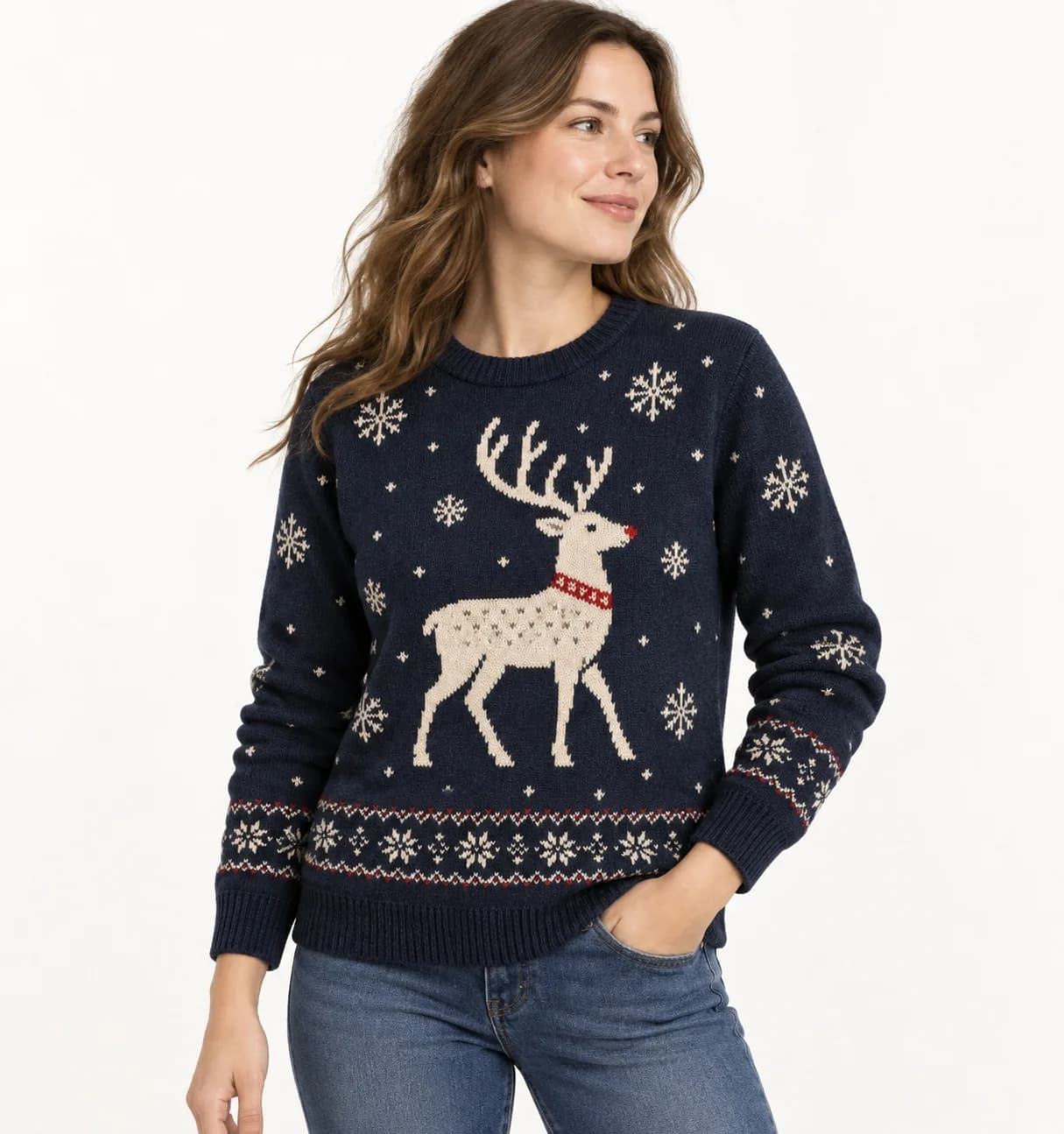 Reindeer Intarsia Holiday Crew Sweater - side reference (AI development concept)