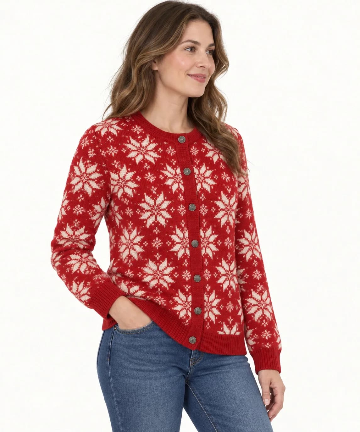 Nordic Snowflake Button Cardigan - side reference (AI development concept)