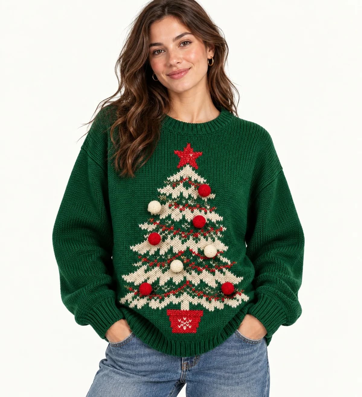 Adult Pom-Pom Holiday Crew Sweater - model or use reference (AI development concept)