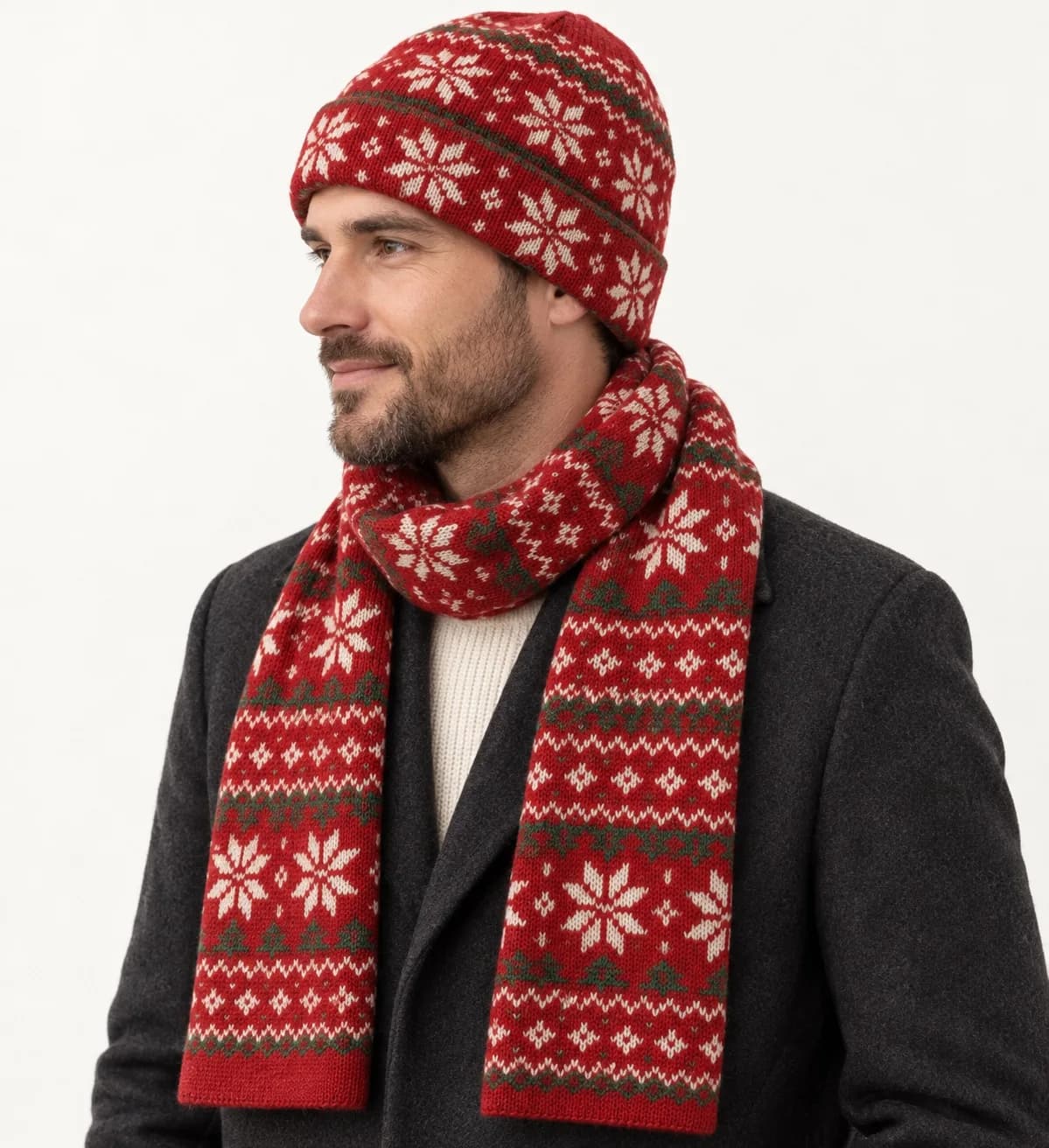 Holiday Jacquard Beanie and Scarf Set - side reference (AI development concept)