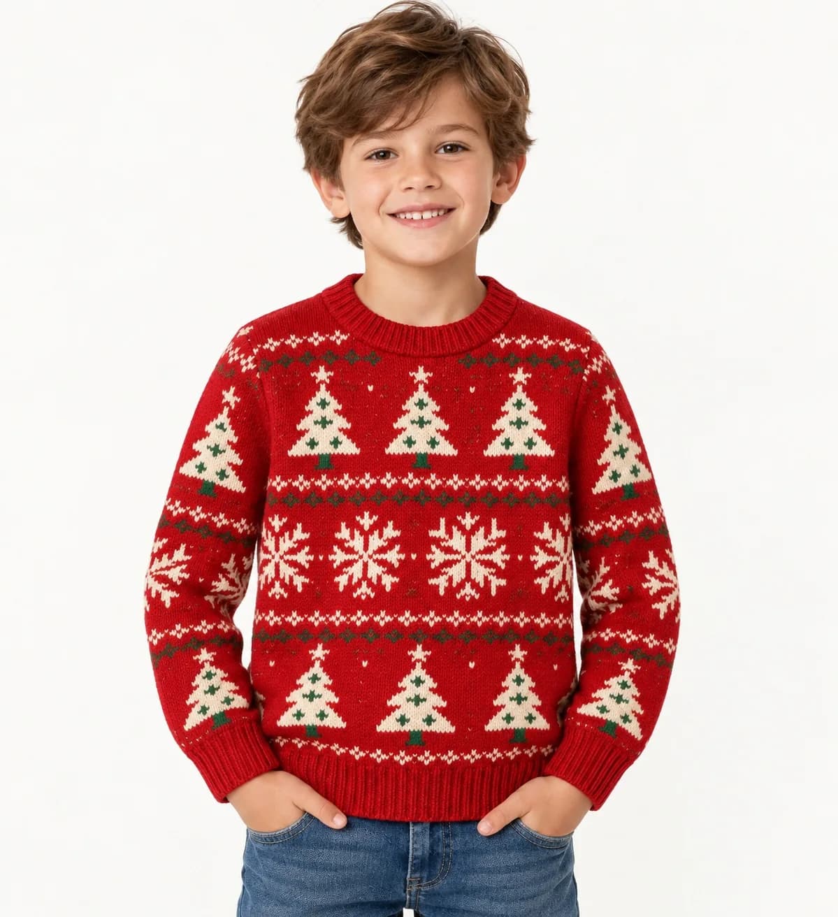 Kids Intarsia Holiday Crew Sweater - model or use reference (AI development concept)
