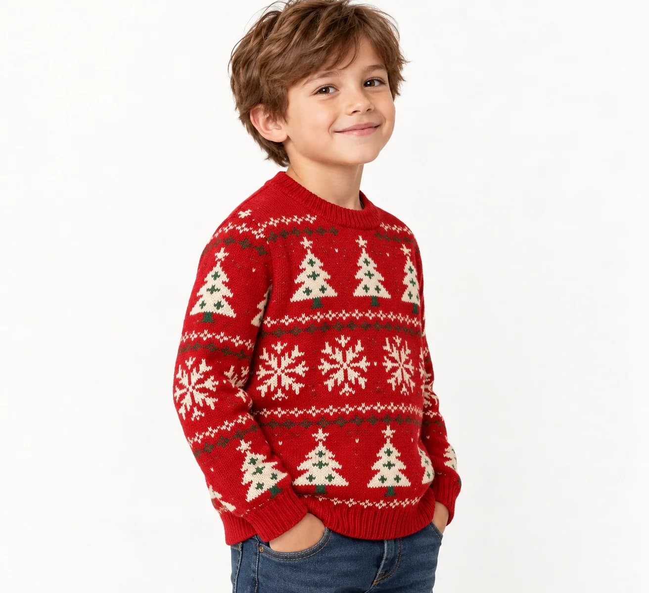 Kids Intarsia Holiday Crew Sweater - side reference (AI development concept)