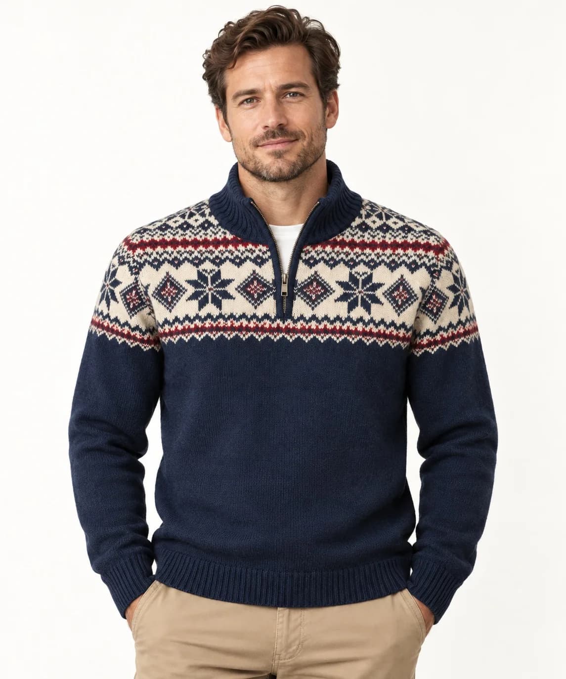 Merino-Blend Fair Isle Quarter-Zip - model or use reference (AI development concept)