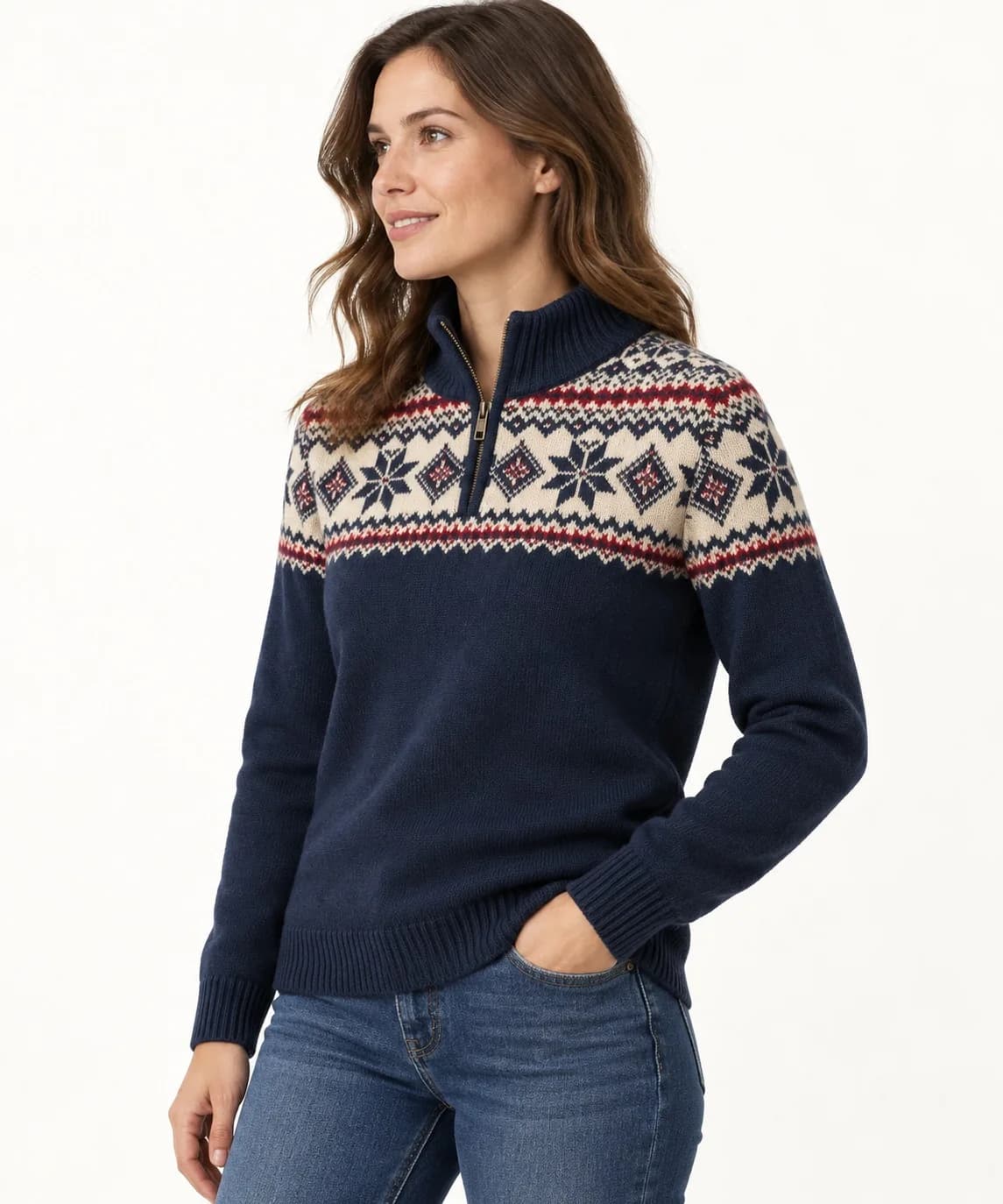Merino-Blend Fair Isle Quarter-Zip - side reference (AI development concept)