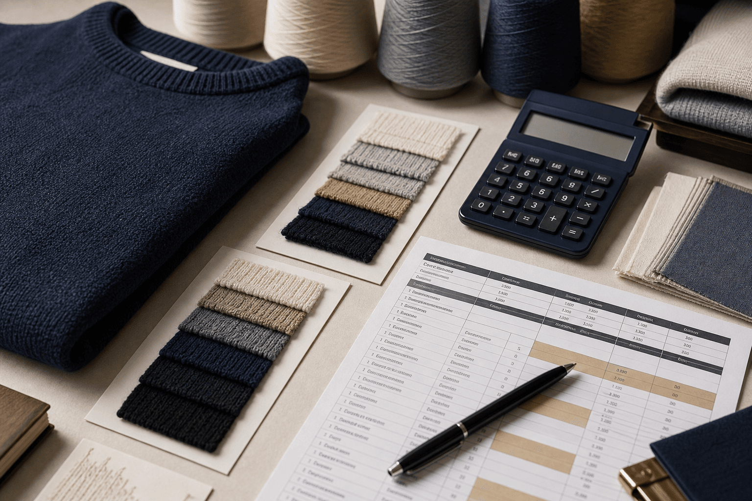 Sweater cost planning scene with yarn cones, knitwear sample and sourcing worksheet