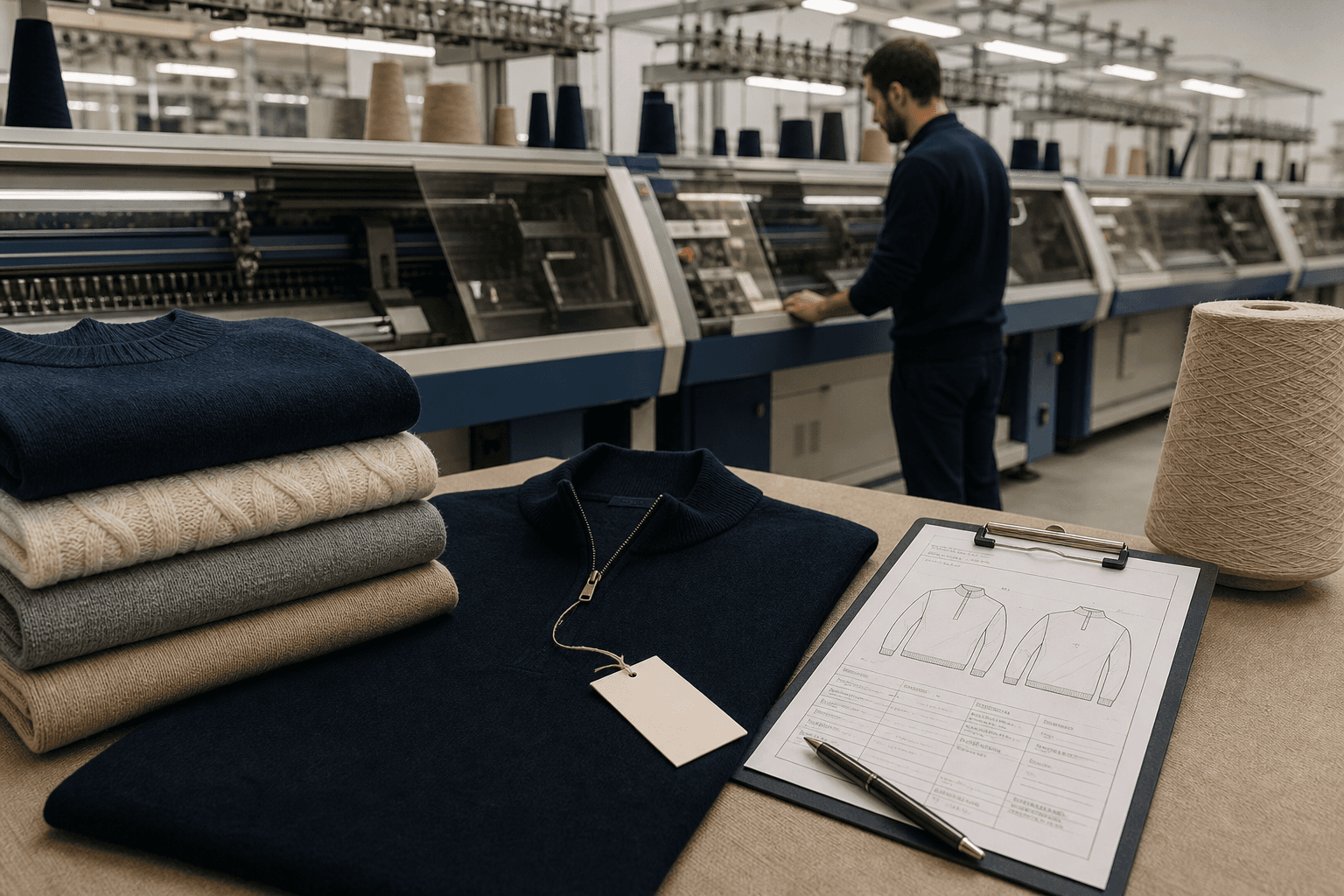 Tech pack review desk with knitwear sample, yarn swatches and specification notes