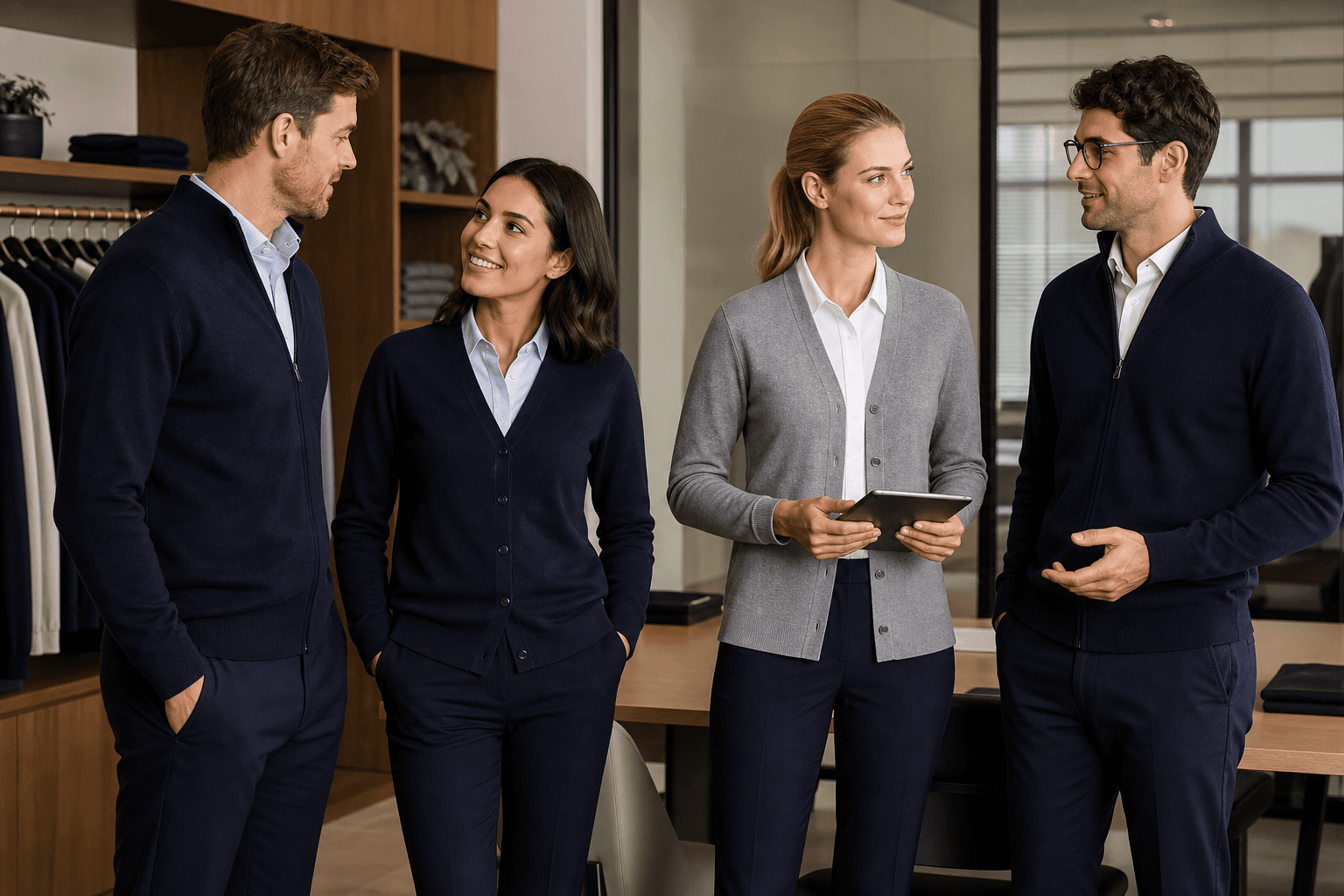 Corporate uniform knitwear team styling scene.