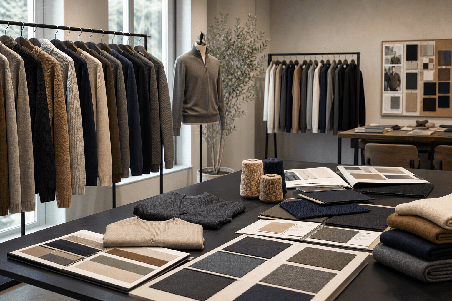 Fashion brand showroom with knitwear racks for B2B category page.