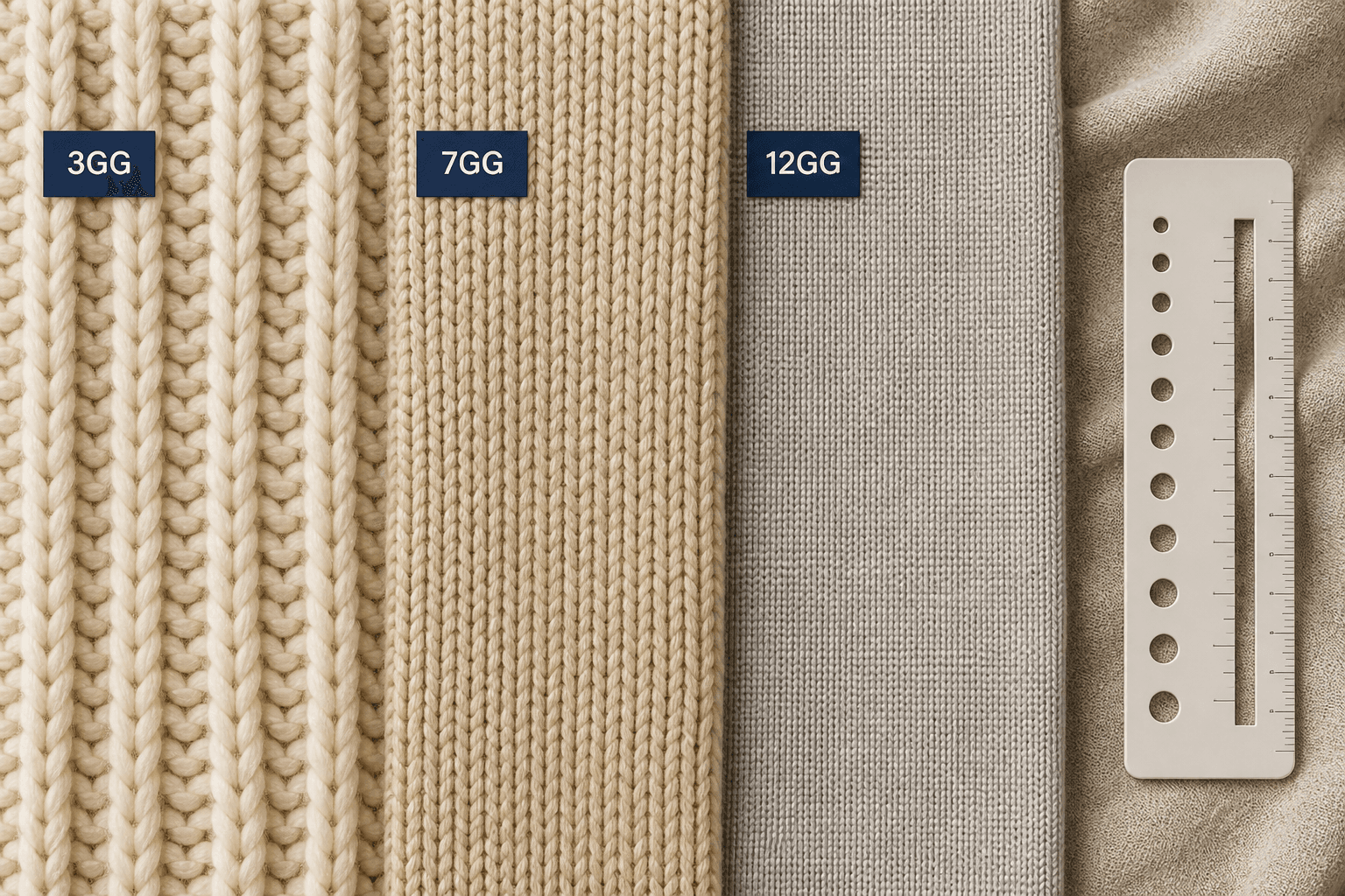 Close-up knit gauge textures showing different knit structures and fabric weights.