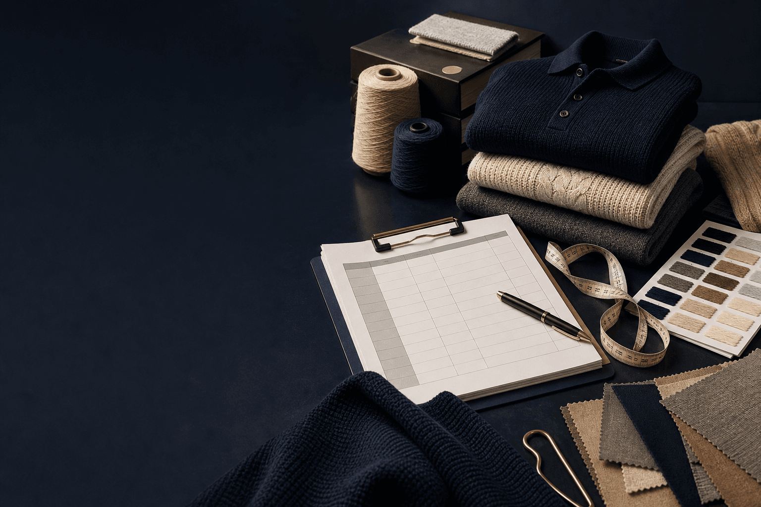 Knitwear sourcing desk with samples and yarn swatches for requesting a quote.