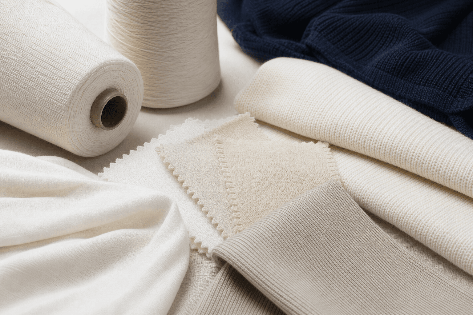 Cotton yarn cones and breathable cotton knit swatches showing smooth lightweight texture.