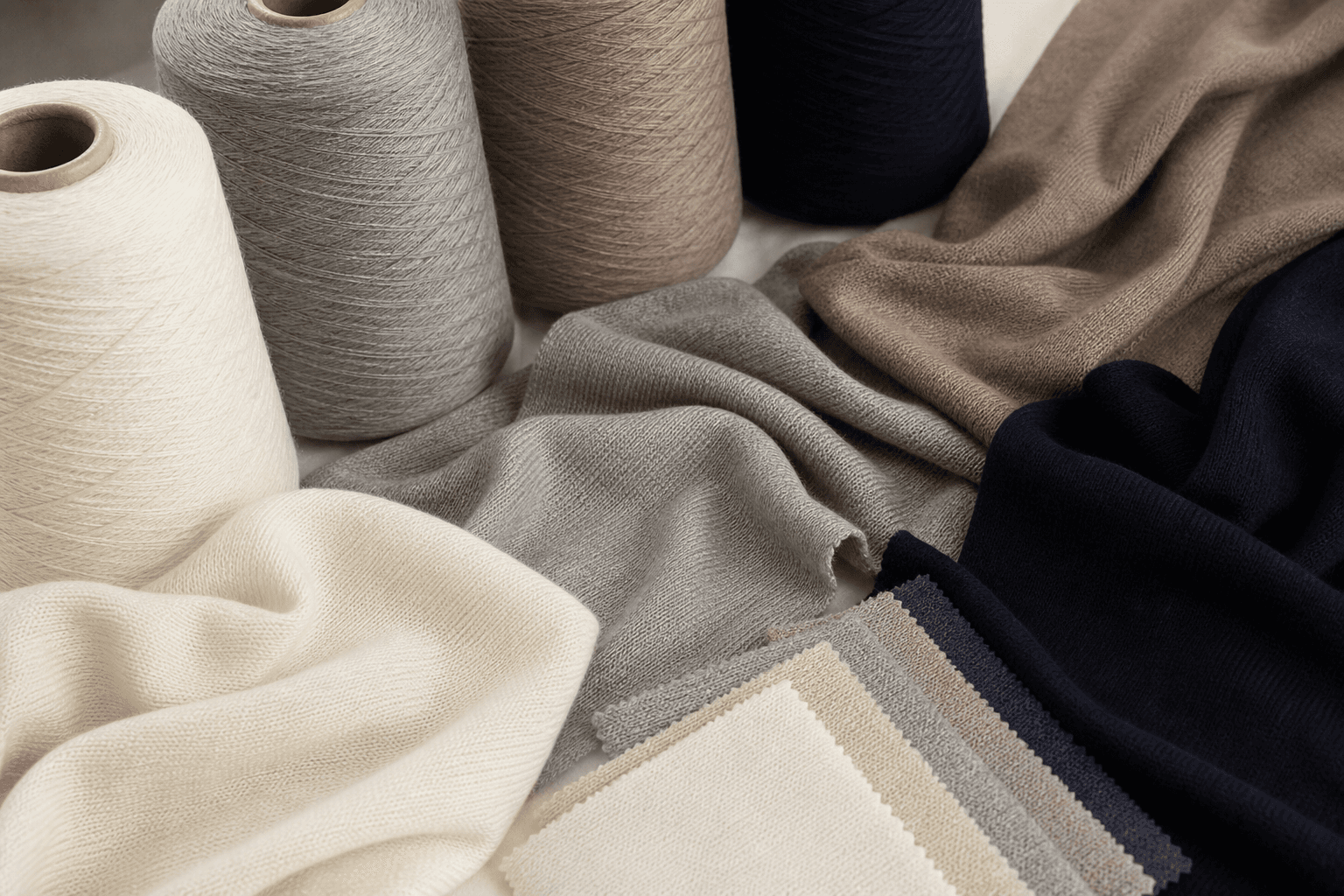 Fine merino wool yarn and smooth fine-gauge knit swatches for premium lightweight knitwear.