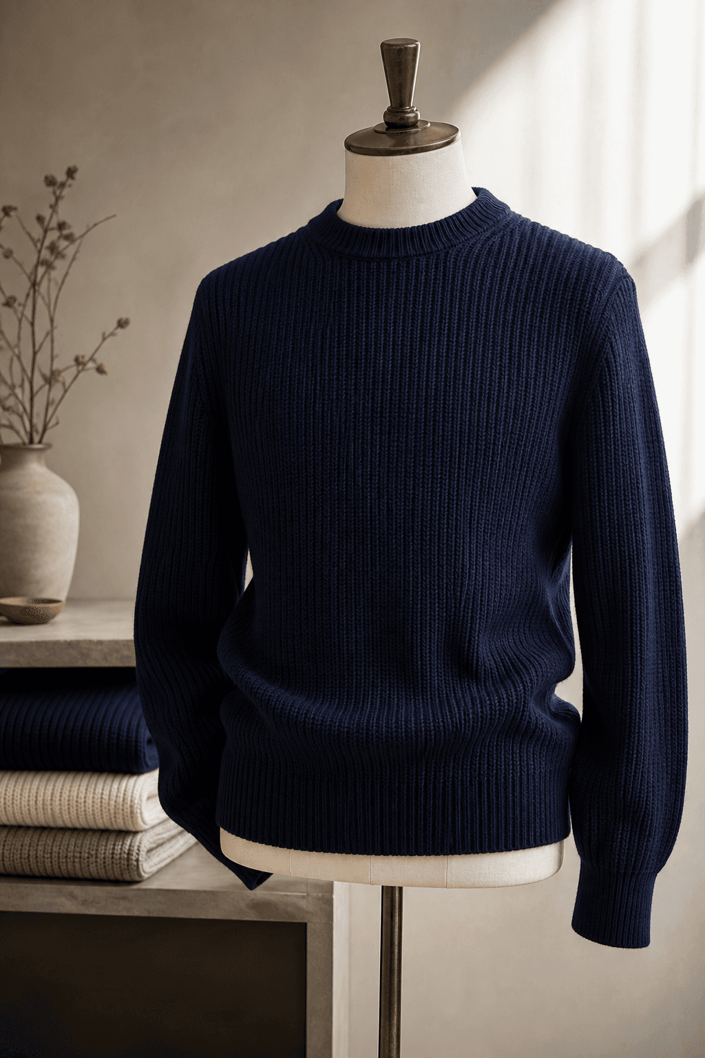 Men's Heavy Gauge Ribbed Sweater lifestyle scene image for B2B knitwear sourcing.